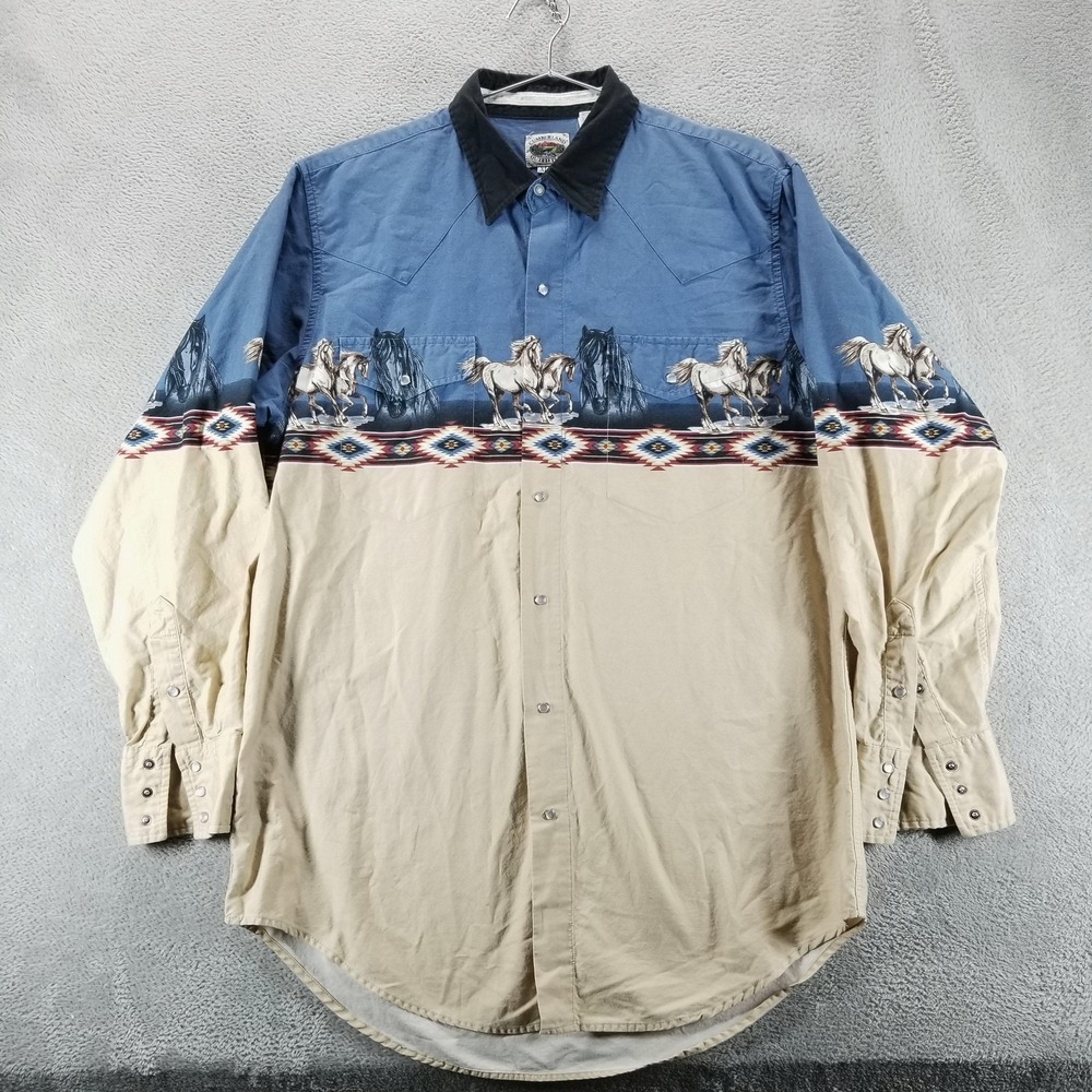 Cumberland‎ Outfitters Shirt Mens XL Blue Tan Western Horse Print Snap Front